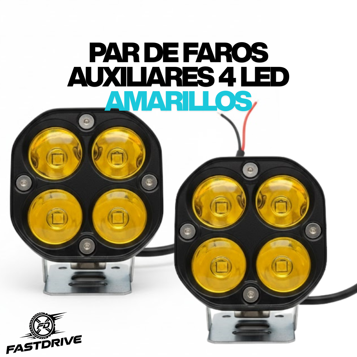 Par Faro Auxiliar 4 Led 40w Cuadrado Amarillo Luz Fija Lupa