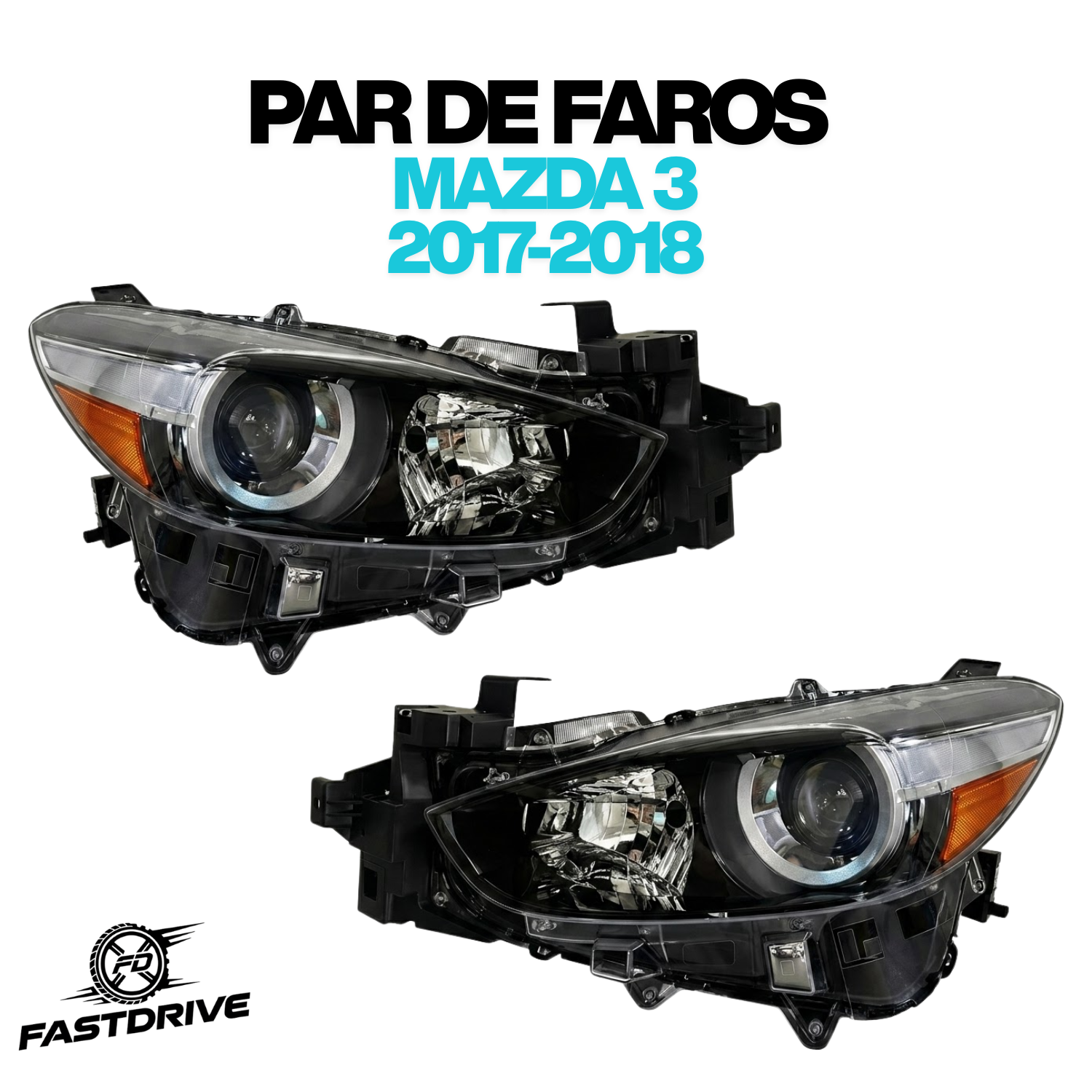 Par De Faros Para Mazda 3 2017 A 2018 Fondo negro Con lupa Mica ambar
