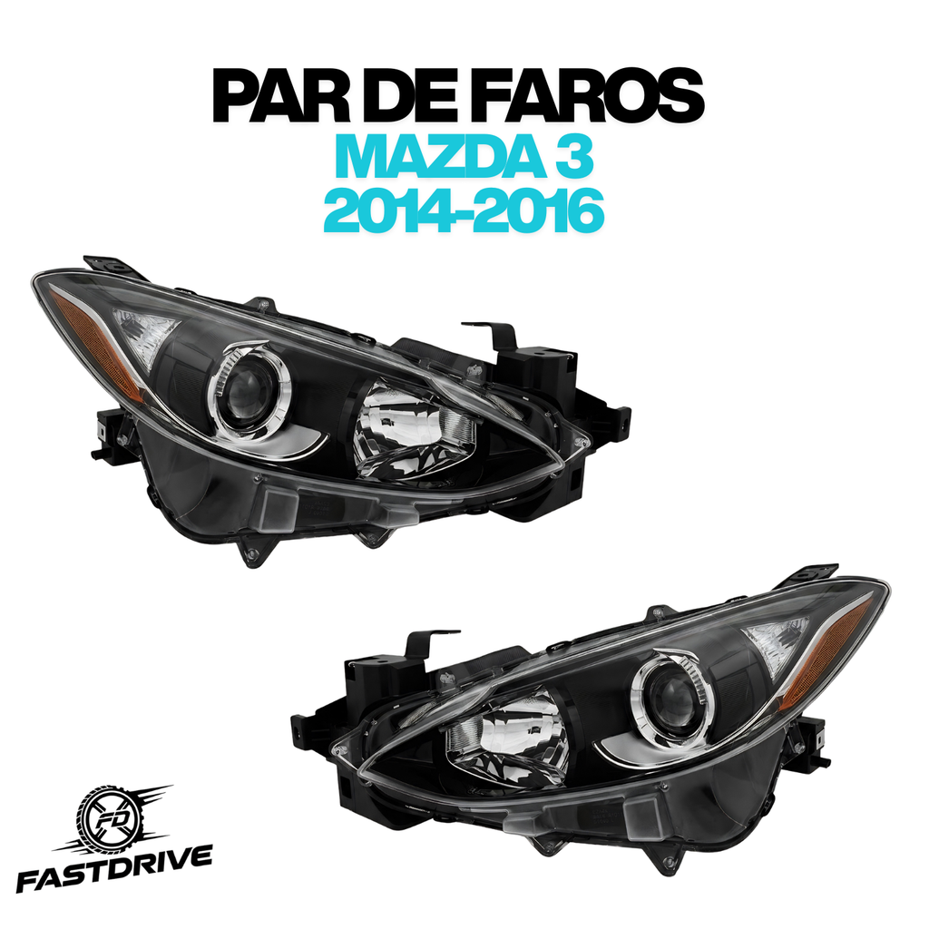 Par De Faros Para Mazda 3 2014 A 2016 Con Lupa Fondo Negro