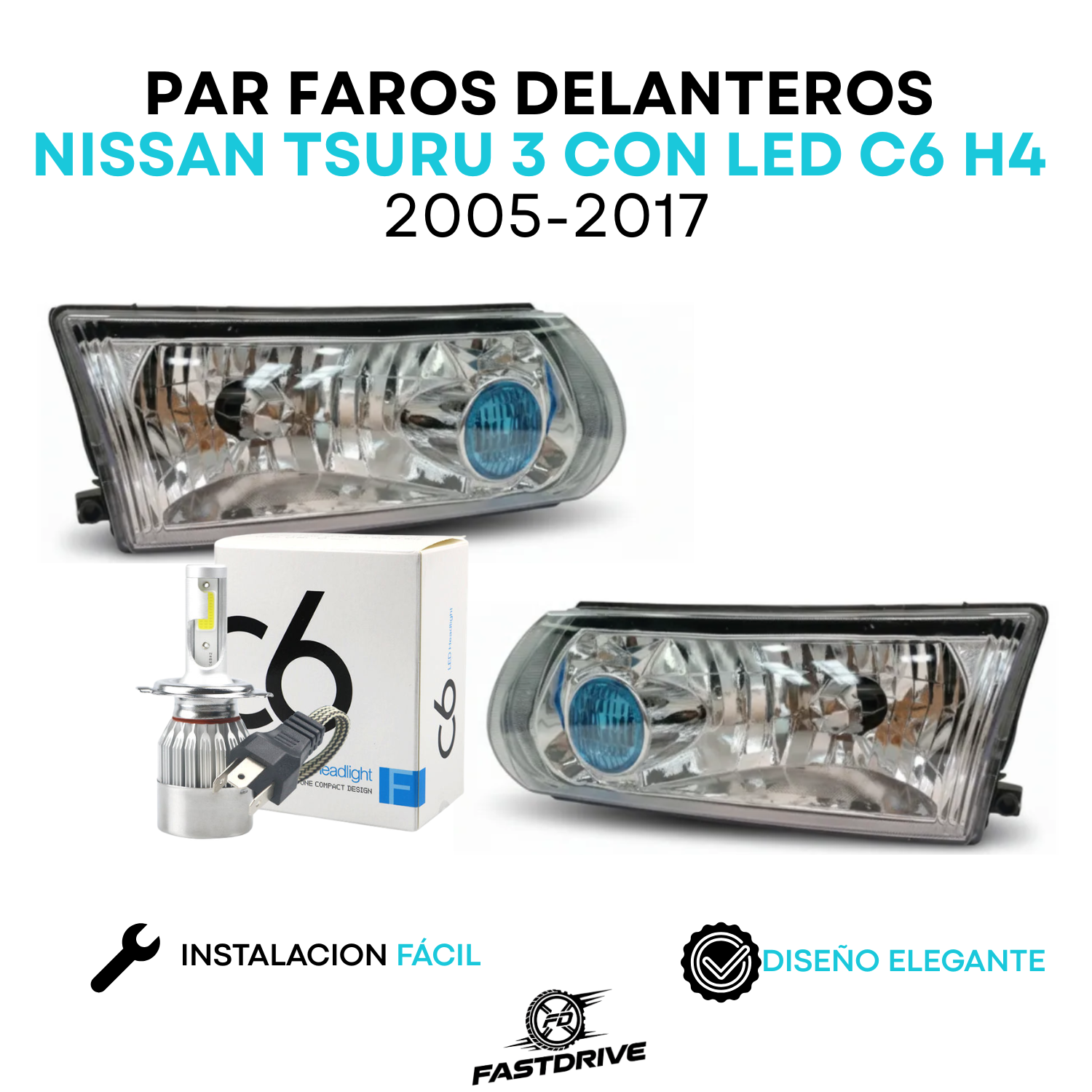 Par de Faros Nissan Tsuru 3 Ts-iii 2005 A 2017 Con Focos Led H4