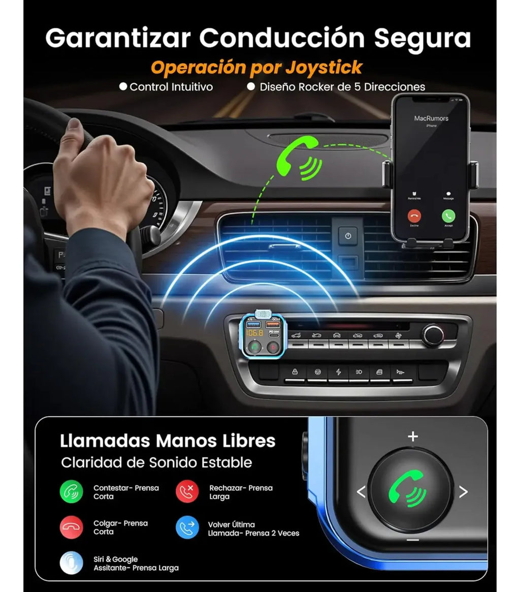 Transmisor Bluetooth Fm Para Auto Carga Rápida Usb Y Tipo C