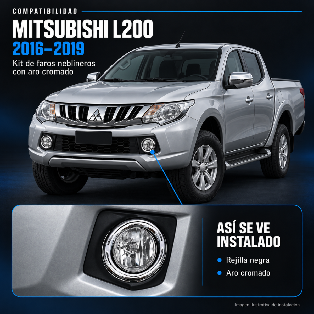 Kit de Faros de Niebla con Rejillas y Aro Cromado para Mitsubishi L200 2016 a 2019