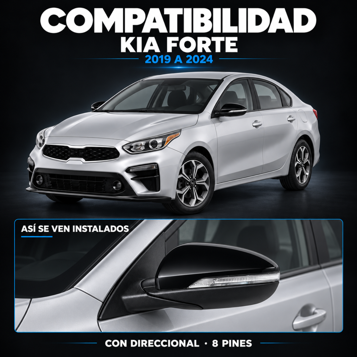 Par de Espejos Eléctricos con Direccional para Kia Forte 2019 a 2024 de 8 Pines