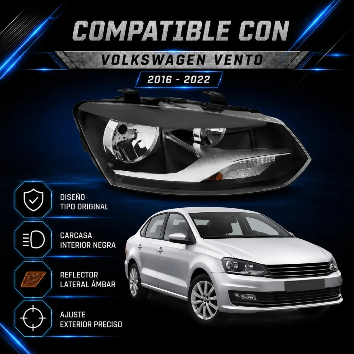 Faro Delantero Derecho Pasajero Vw Vento Con Motor 2016 2022