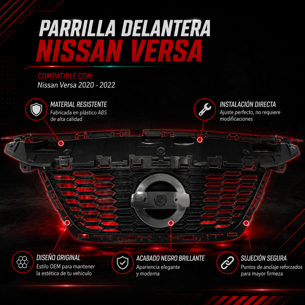 Parrilla Frontal sin Moldura Compatible con Nissan Versa 2020–2022 Tipo OEM