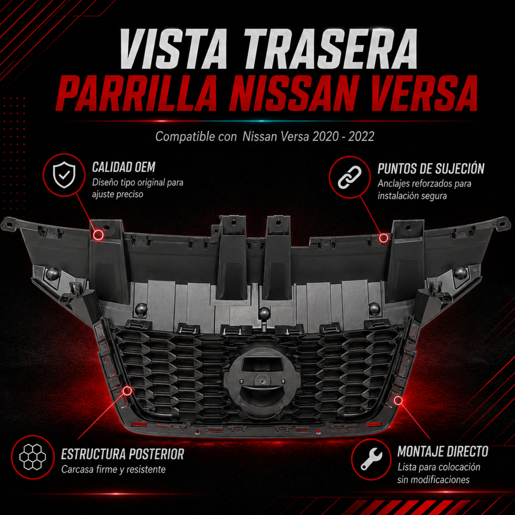 Parrilla Frontal sin Moldura Compatible con Nissan Versa 2020–2022 Tipo OEM