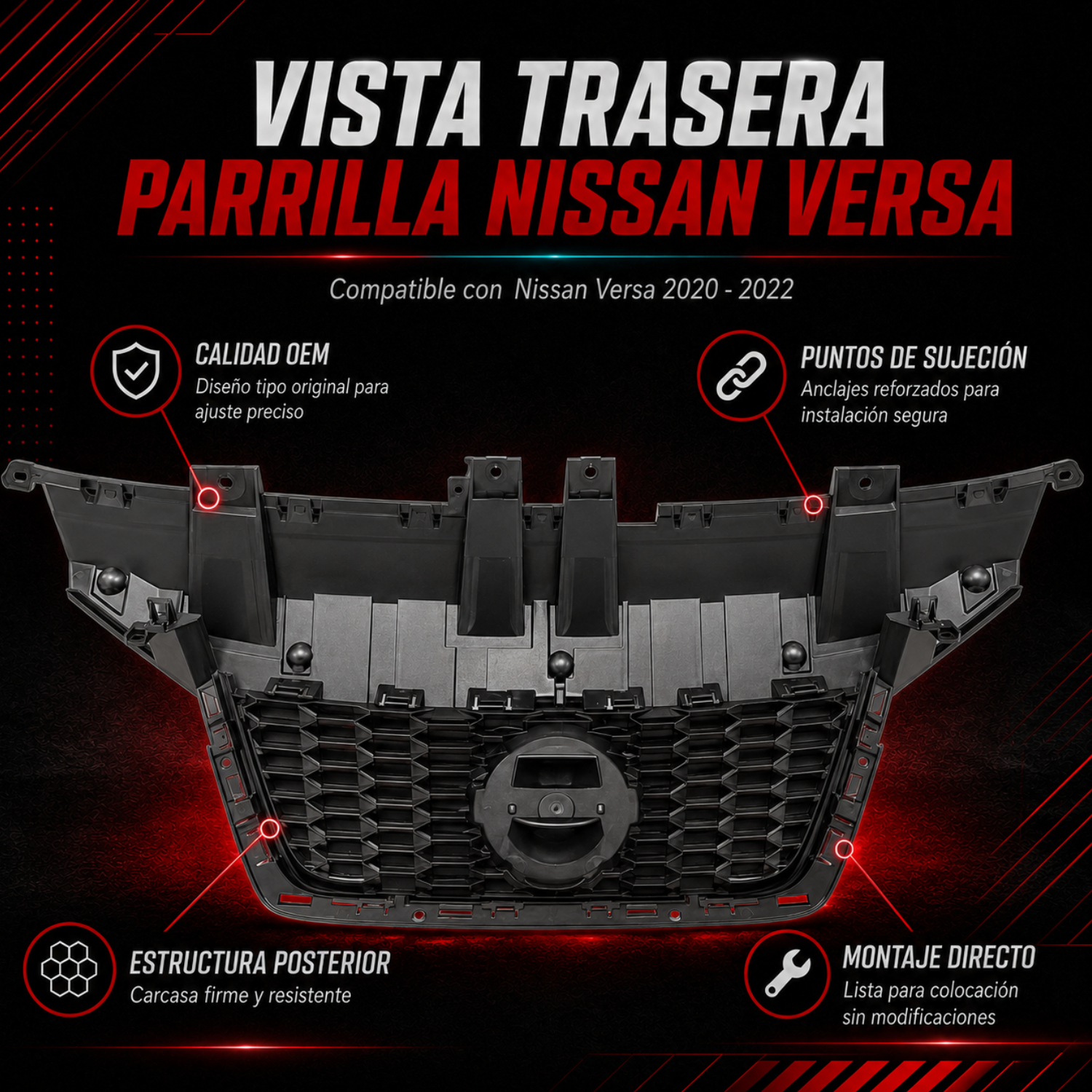Parrilla Frontal sin Moldura Compatible con Nissan Versa 2020–2022 Tipo OEM