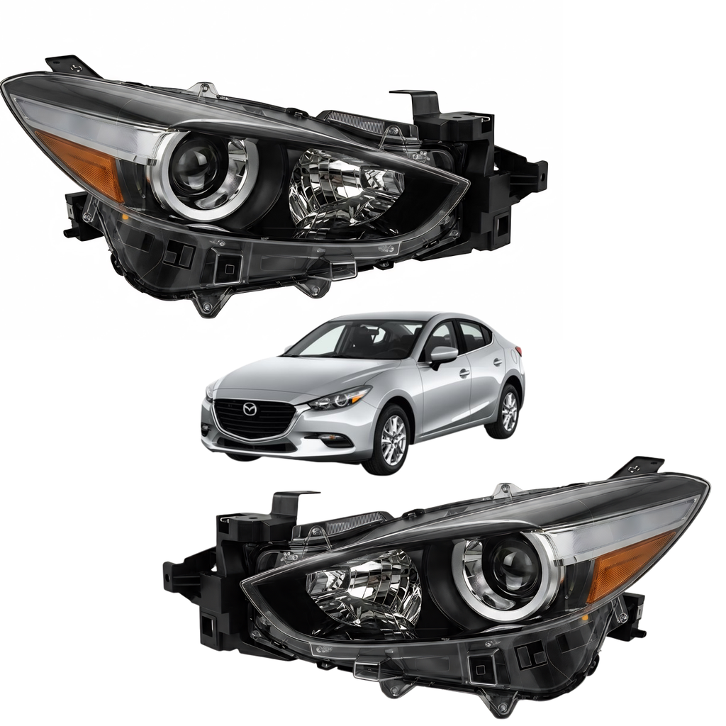 Par De Faros Para Mazda 3 2017 A 2018 Fondo negro Con lupa Mica ambar