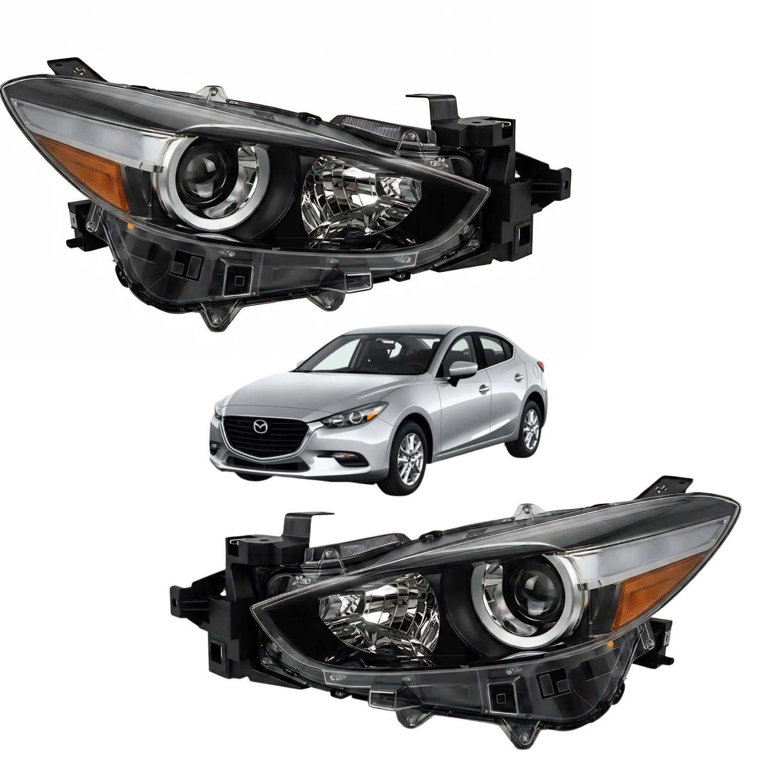 Par De Faros Para Mazda 3 2017 A 2018 Fondo negro Con lupa Mica ambar