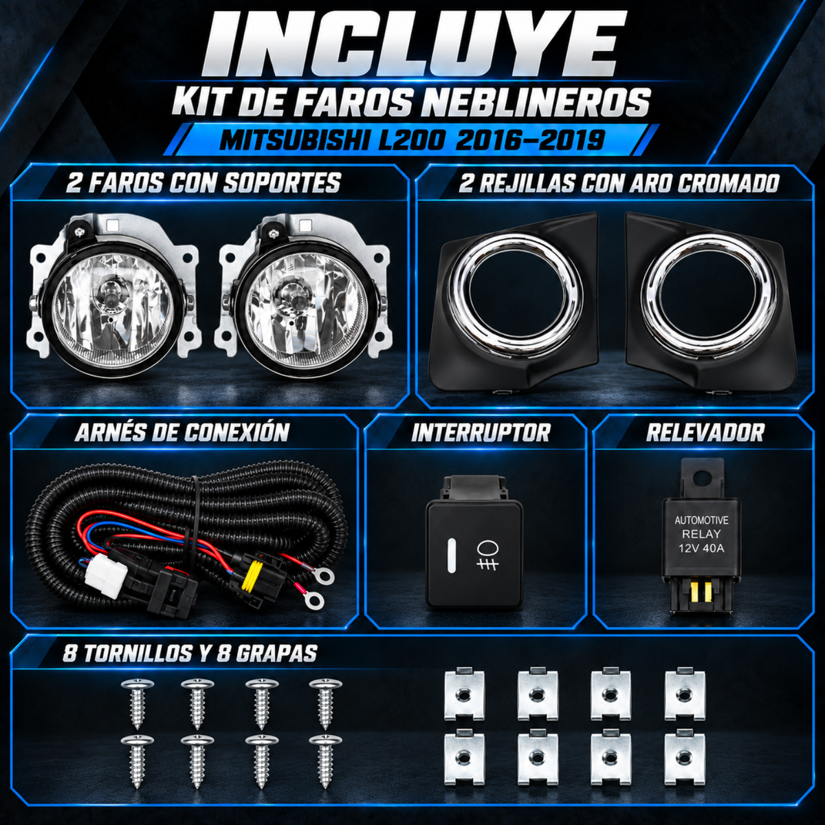 Kit de Faros de Niebla con Rejillas y Aro Cromado para Mitsubishi L200 2016 a 2019