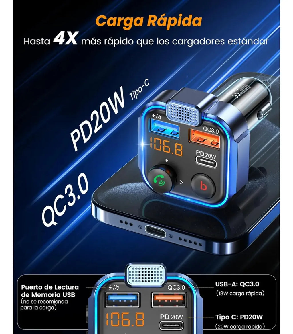 Transmisor Bluetooth Fm Para Auto Carga Rápida Usb Y Tipo C