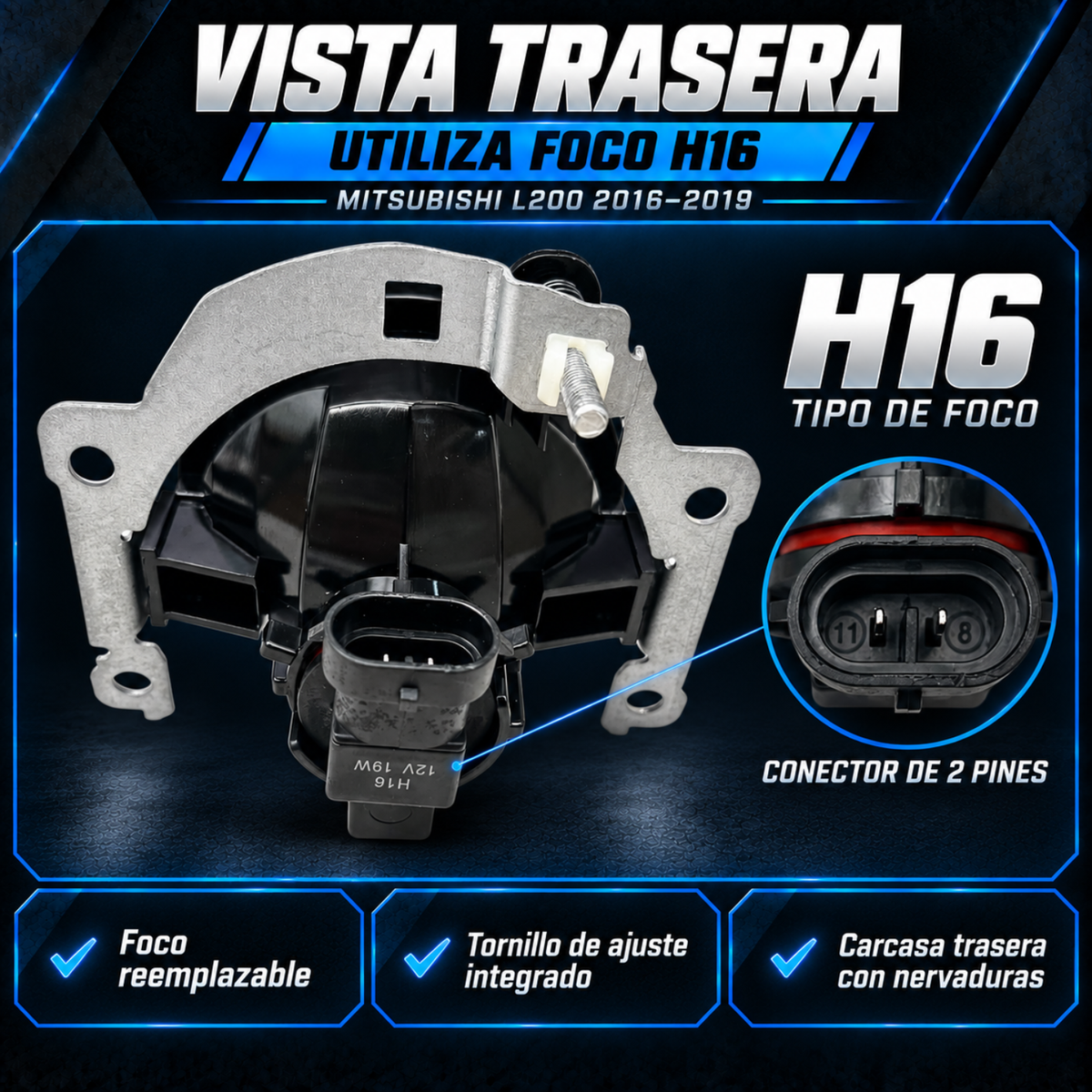 Kit de Faros de Niebla con Rejillas y Aro Cromado para Mitsubishi L200 2016 a 2019