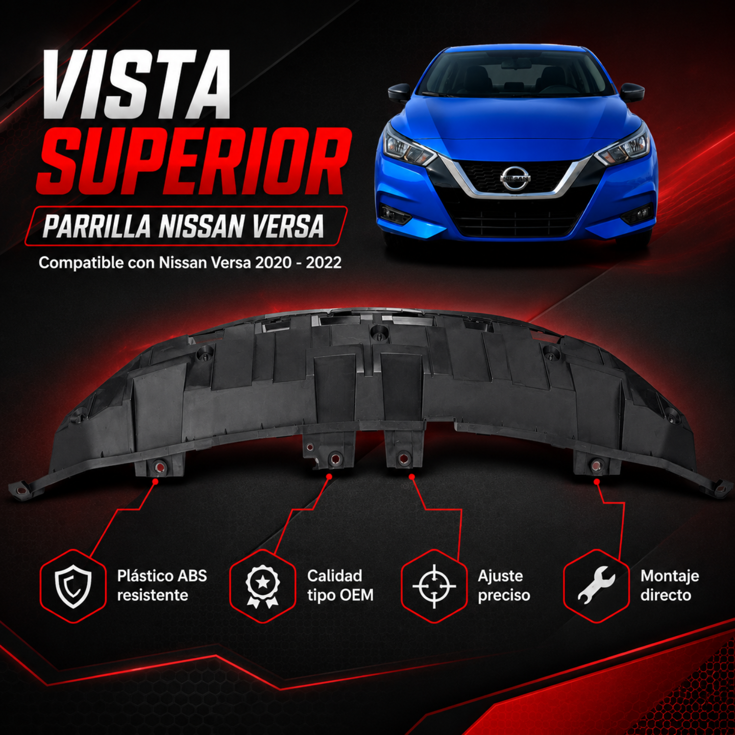 Parrilla Frontal sin Moldura Compatible con Nissan Versa 2020–2022 Tipo OEM
