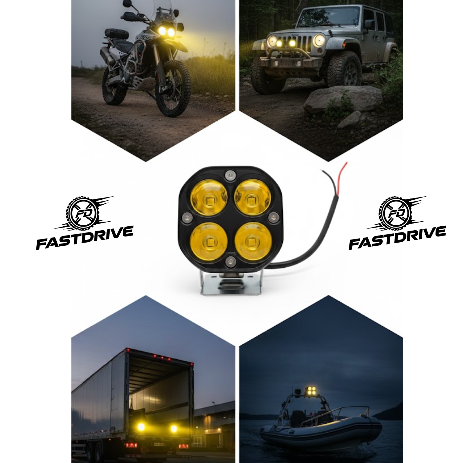 Par Faro Auxiliar 4 Led 40w Cuadrado Amarillo Luz Fija Lupa
