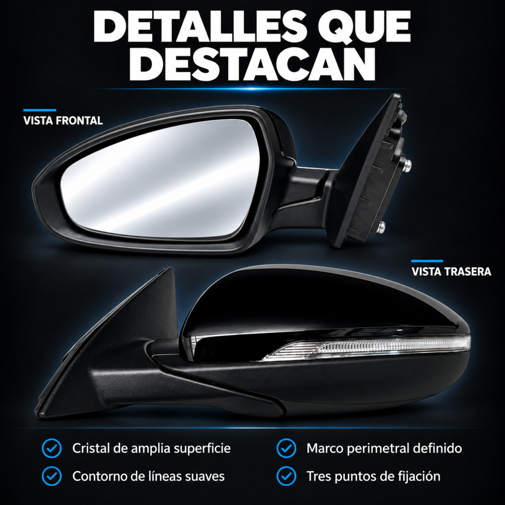 Par de Espejos Eléctricos con Direccional para Kia Forte 2019 a 2024 de 8 Pines