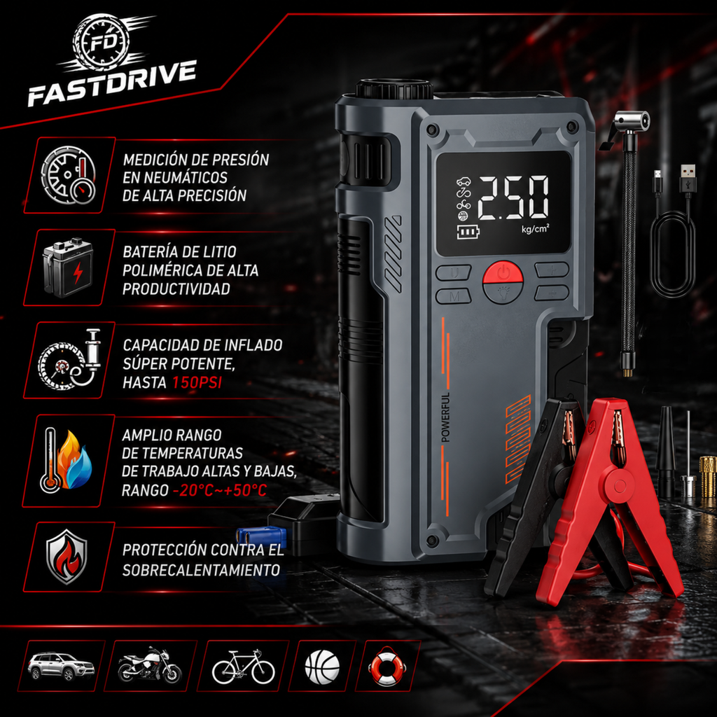 Arrancador Portátil 8000A 12V con Inflador De Llantas 150 PSI Lampara Led y Power Bank Fastdrive