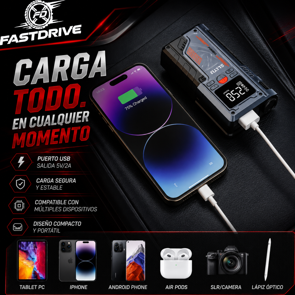 Arrancador Portátil 8000A 12V con Inflador De Llantas 150 PSI Lampara Led y Power Bank Fastdrive