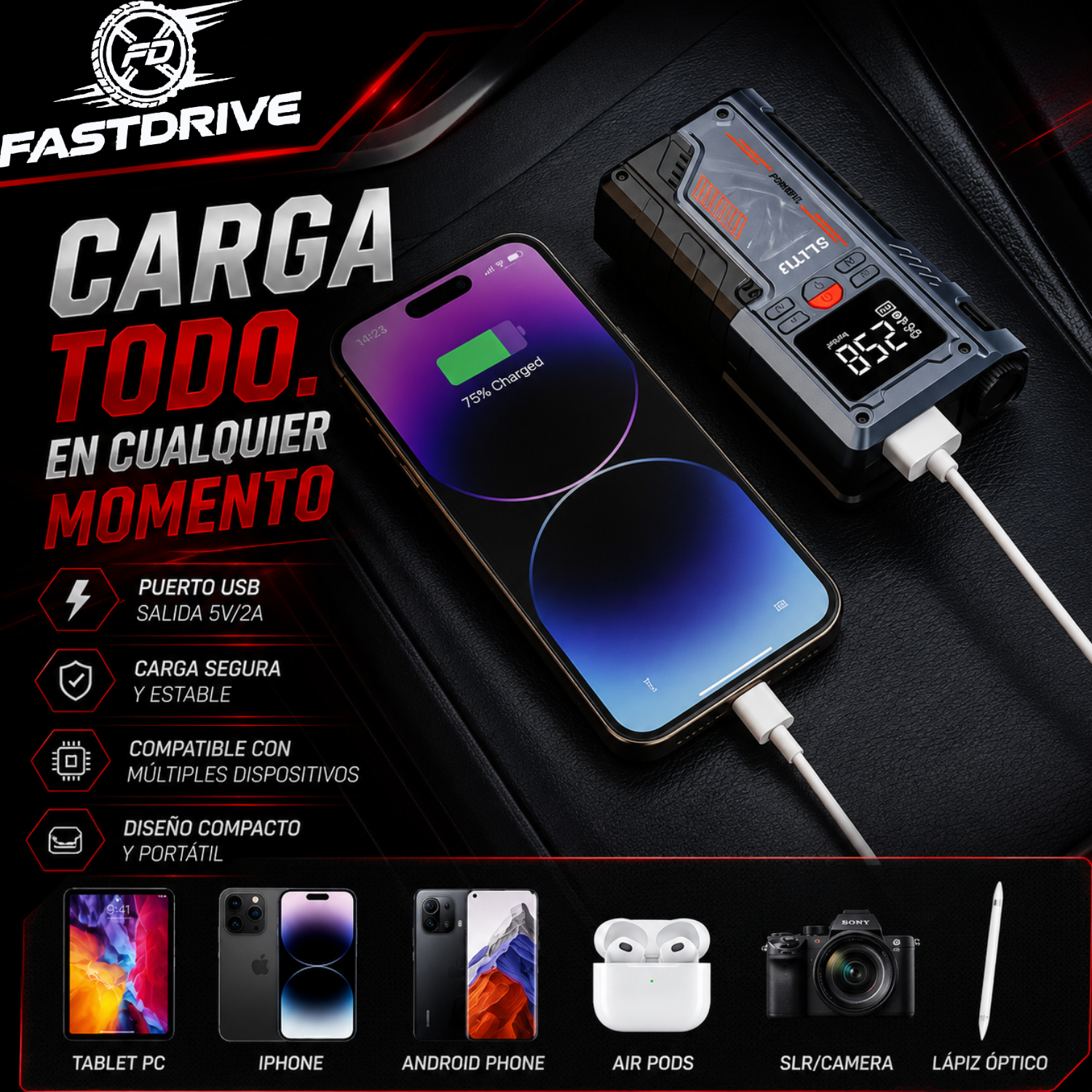 Arrancador Portátil 8000A 12V con Inflador De Llantas 150 PSI Lampara Led y Power Bank Fastdrive