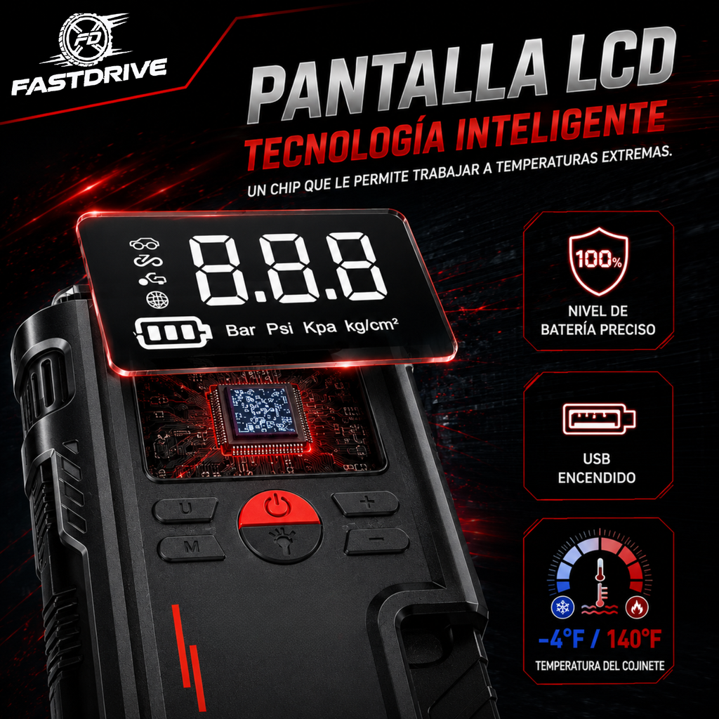 Arrancador Portátil 8000A 12V con Inflador De Llantas 150 PSI Lampara Led y Power Bank Fastdrive