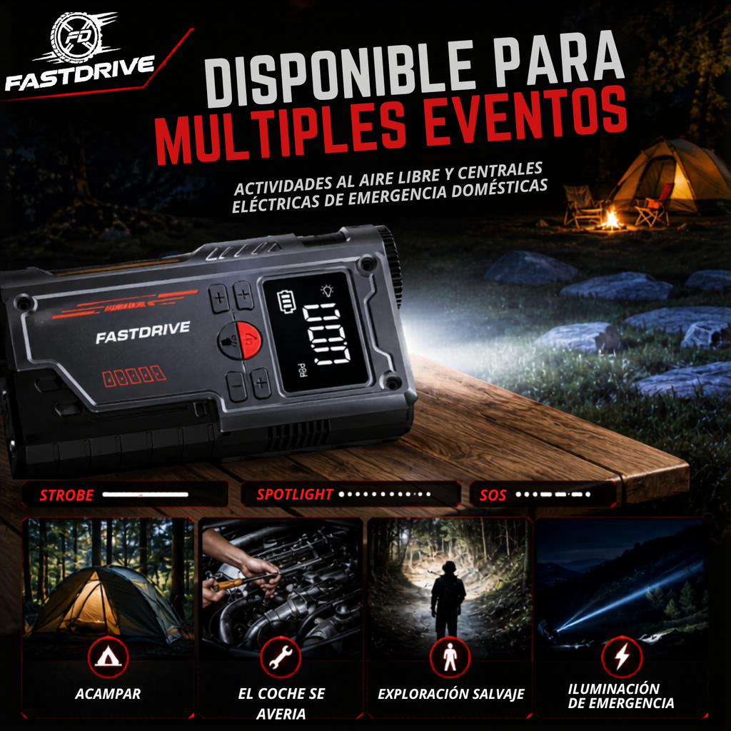 Arrancador Portátil 8000A 12V con Inflador De Llantas 150 PSI Lampara Led y Power Bank Fastdrive