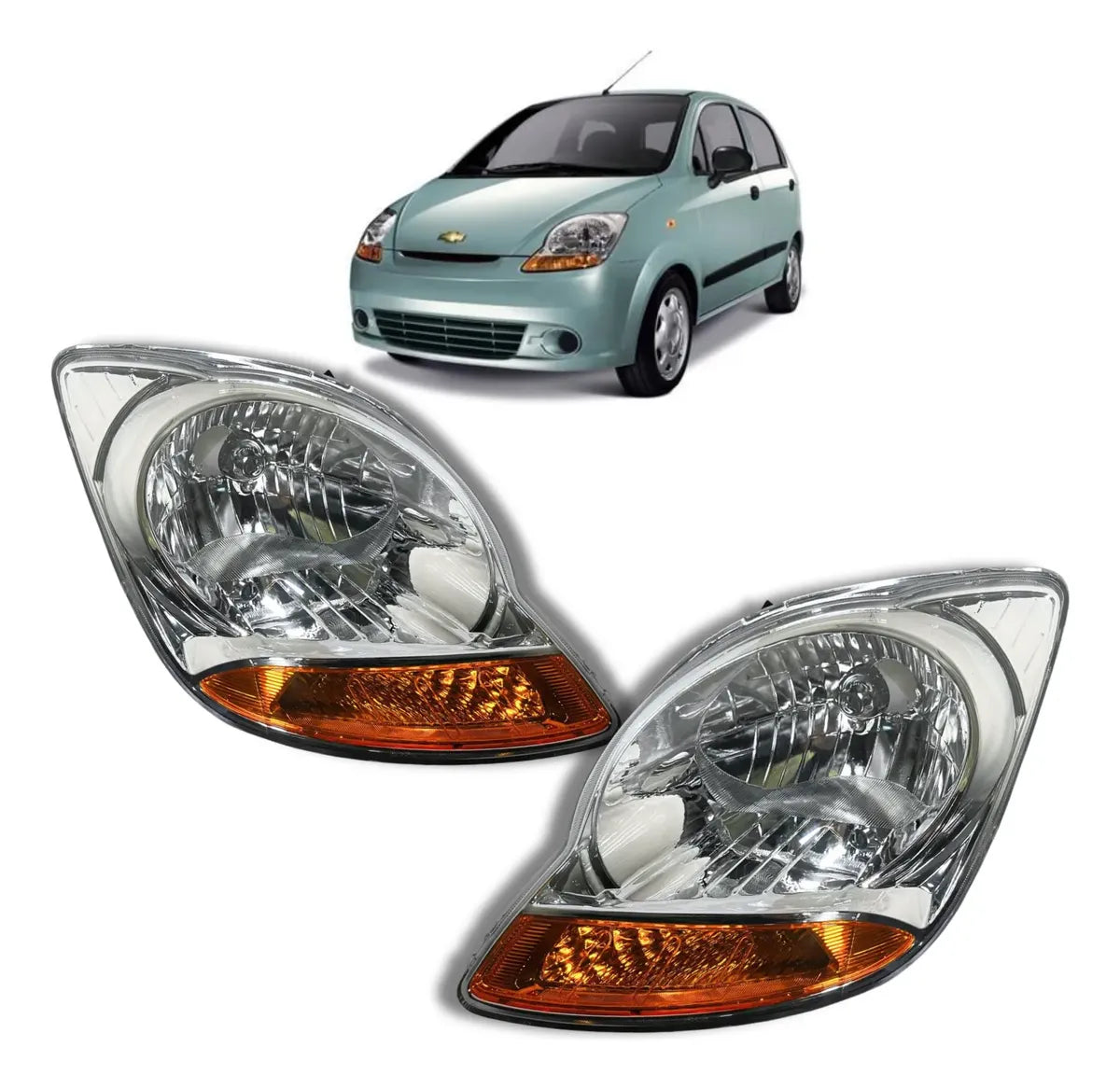 Par de Faros para Chevrolet Matiz 2006 a 2015 Fondo Cromado