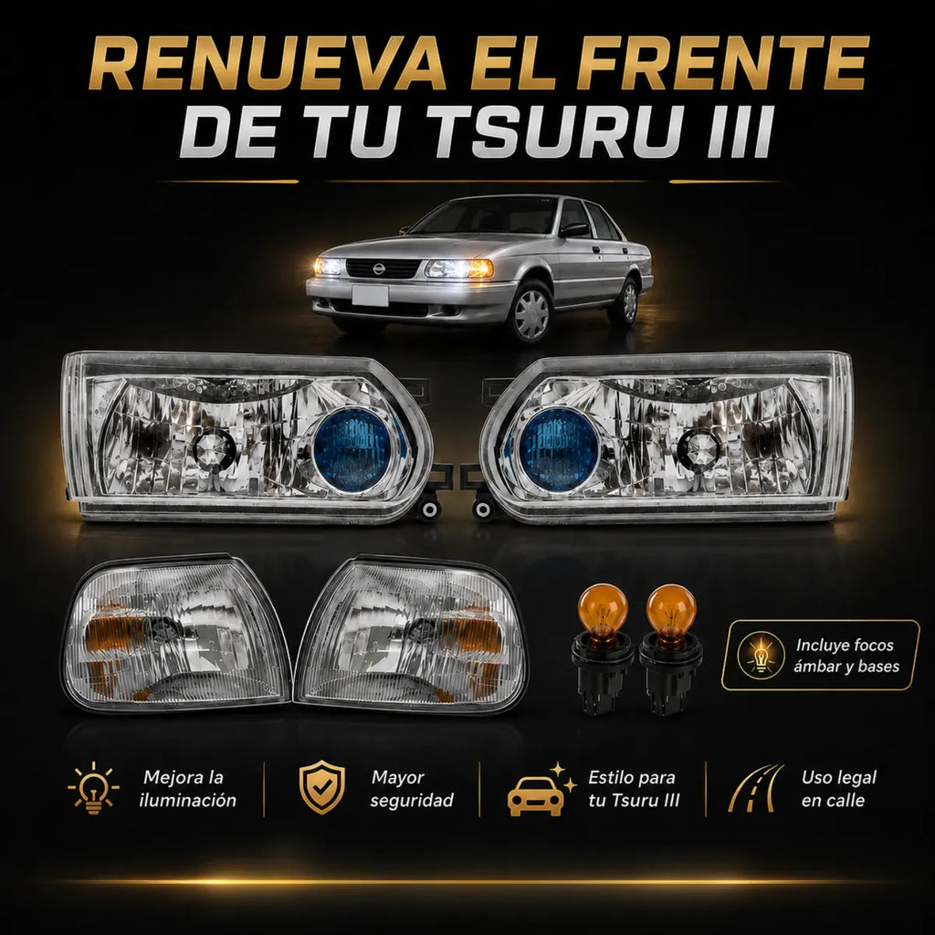 Par de Faros y Cuartos Delanteros para Nissan Tsuru III 2005 a 2017 | Kit Completo
