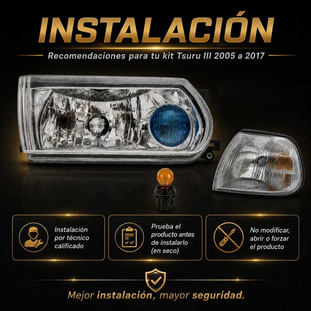 Par de Faros y Cuartos Delanteros para Nissan Tsuru III 2005 a 2017 | Kit Completo
