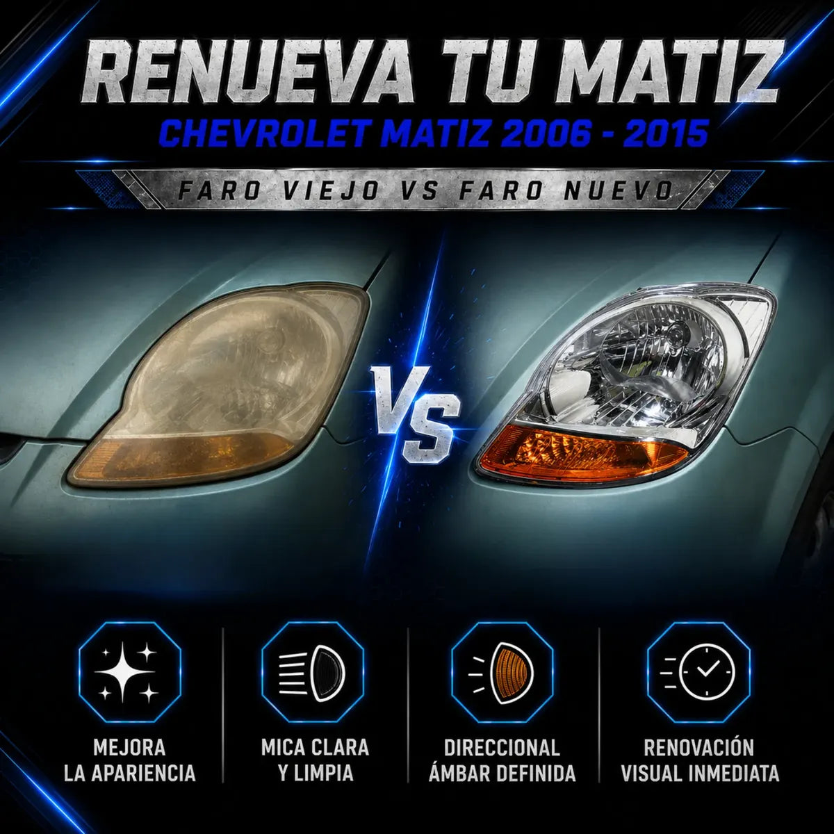 Par de Faros para Chevrolet Matiz 2006 a 2015 Fondo Cromado