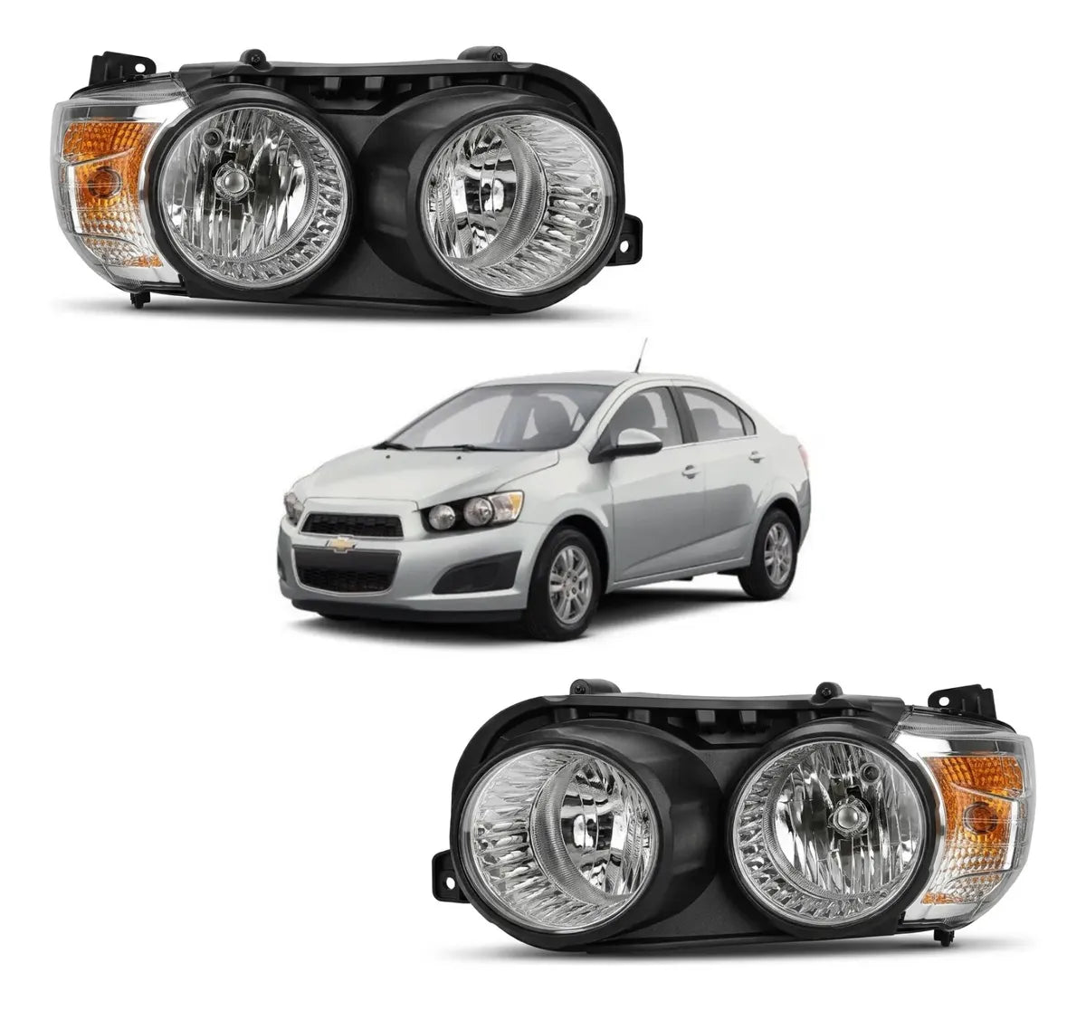 Par de Faros para Chevrolet Sonic LS y LT 2012 a 2016 Cromados de 3 Pines