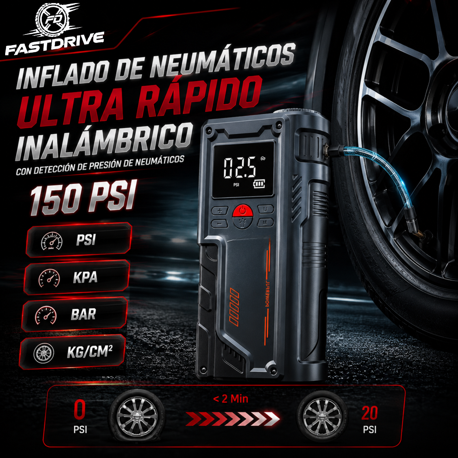 Arrancador Portátil 8000A 12V con Inflador De Llantas 150 PSI Lampara Led y Power Bank Fastdrive