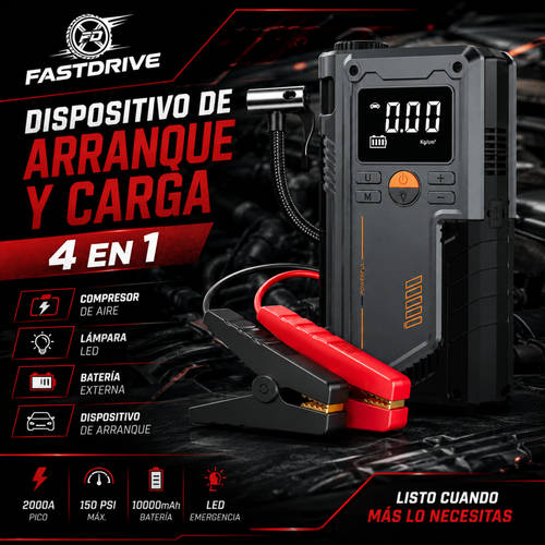 Arrancador Portátil 8000A 12V con Inflador De Llantas 150 PSI Lampara Led y Power Bank Fastdrive
