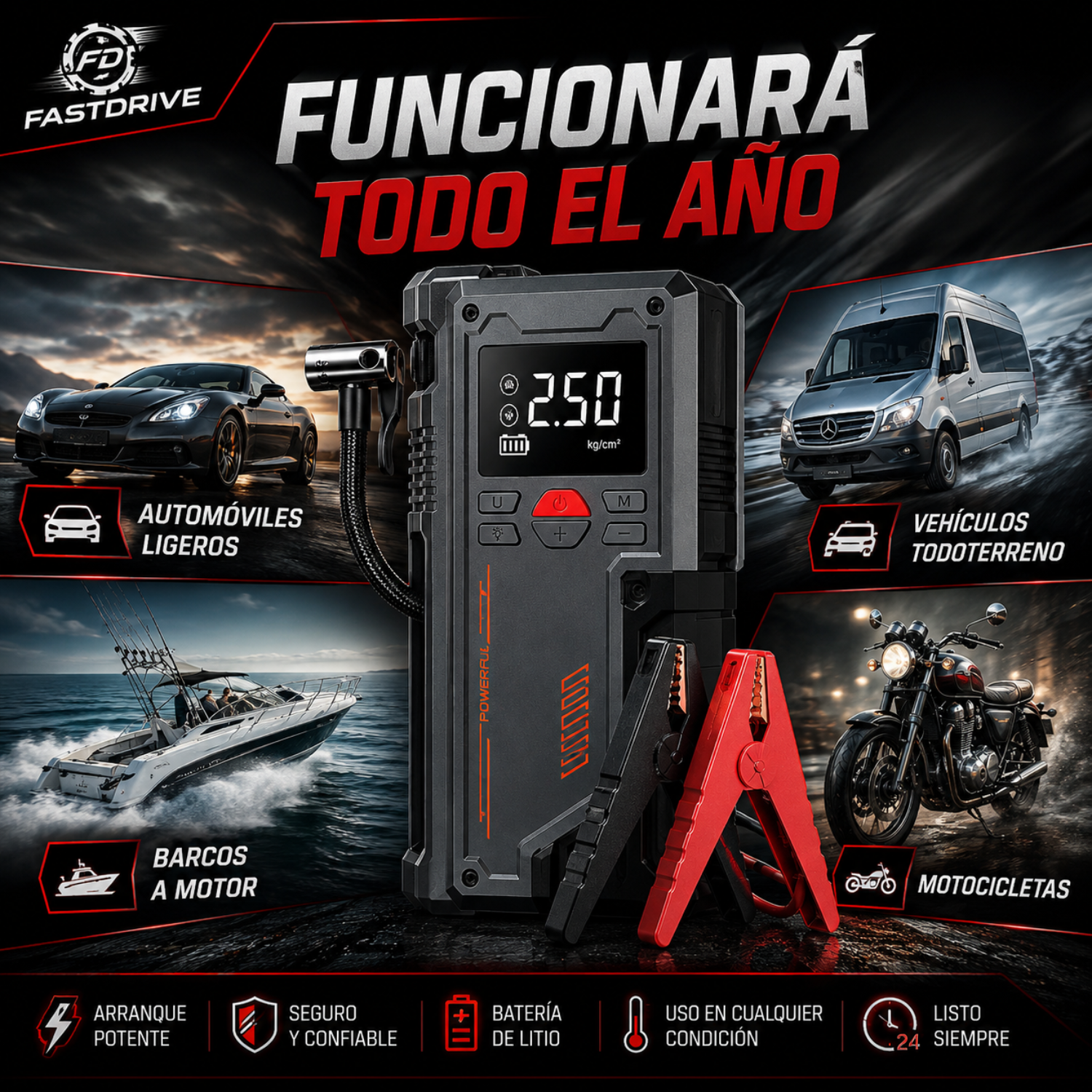 Arrancador Portátil 8000A 12V con Inflador De Llantas 150 PSI Lampara Led y Power Bank Fastdrive